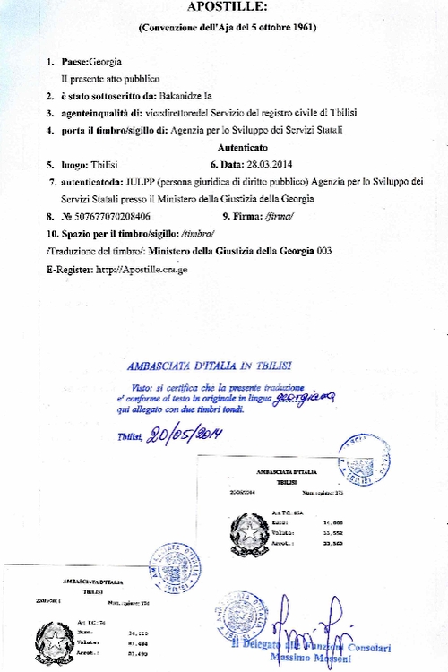 Esempio di un atto di nascita rilasciato in Georgia, legalizzato per l’Italia