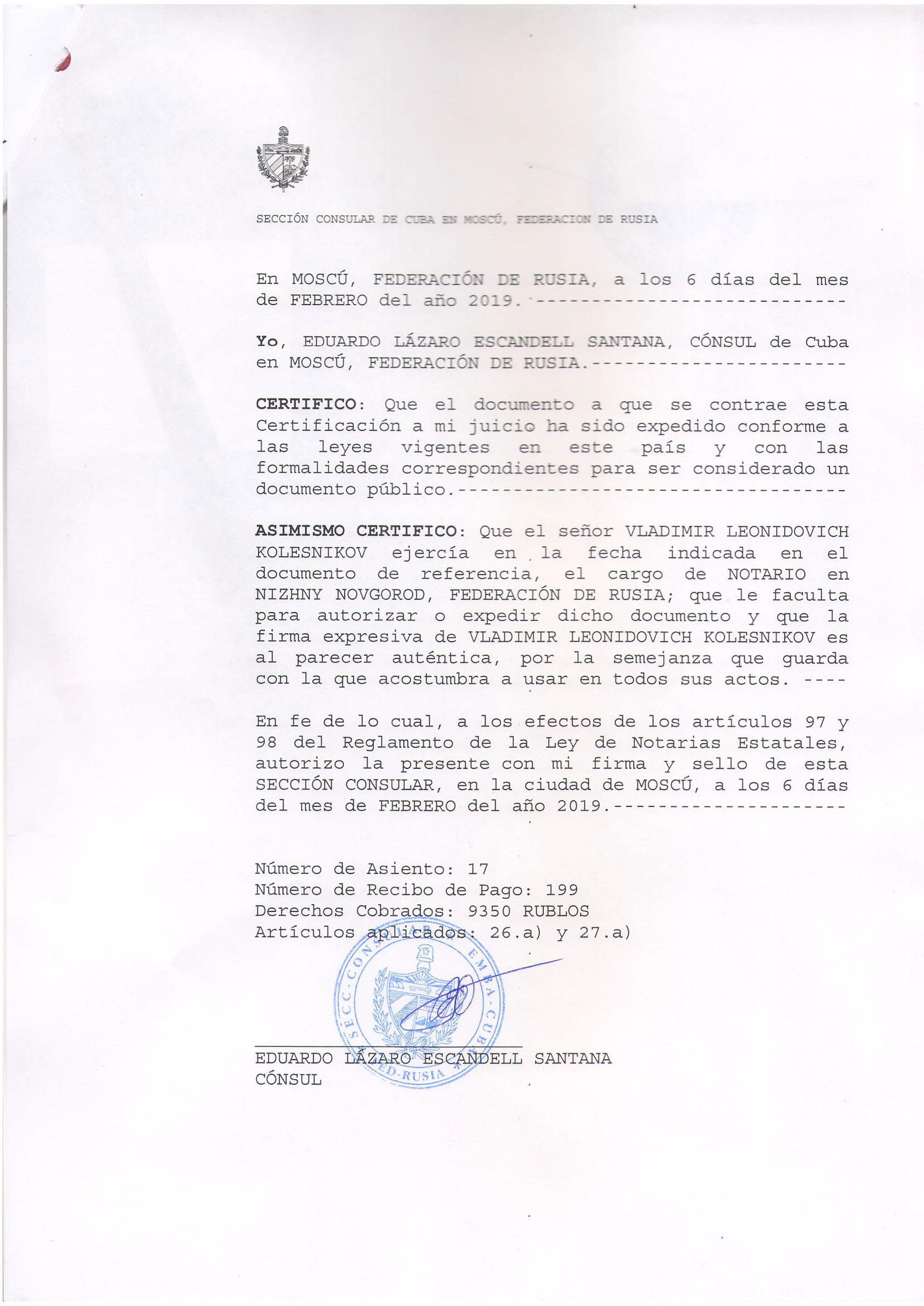 Esempio di legalizzazione di un documento commerciale per Cuba